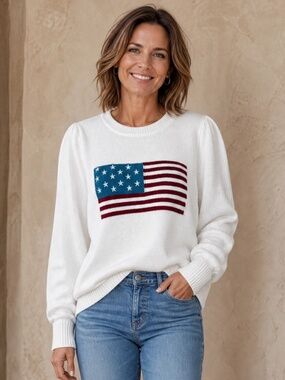 G by Giuliana American Flag Knit Sweater XL White Cotton Blend Puff Sleeve NWOT